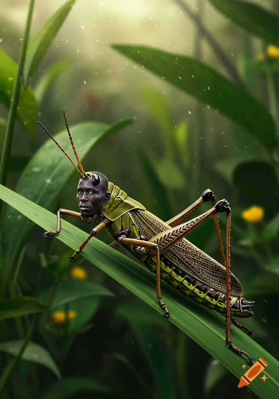 Photorealistic image of a grasshopper with a human man's head, perched on a blade of grass in a lush green environment.