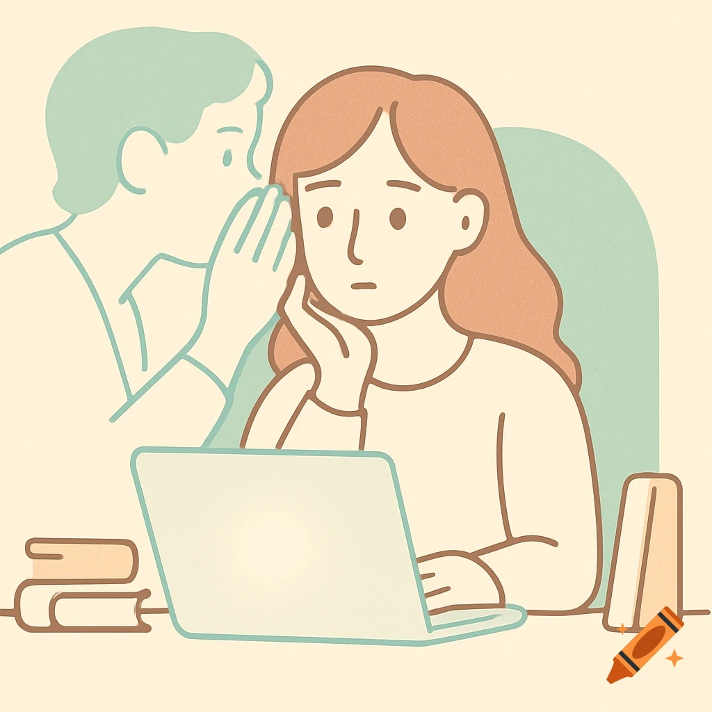 A simple illustration showing one person whispering into the ear of another person who looks sad while working on a laptop.