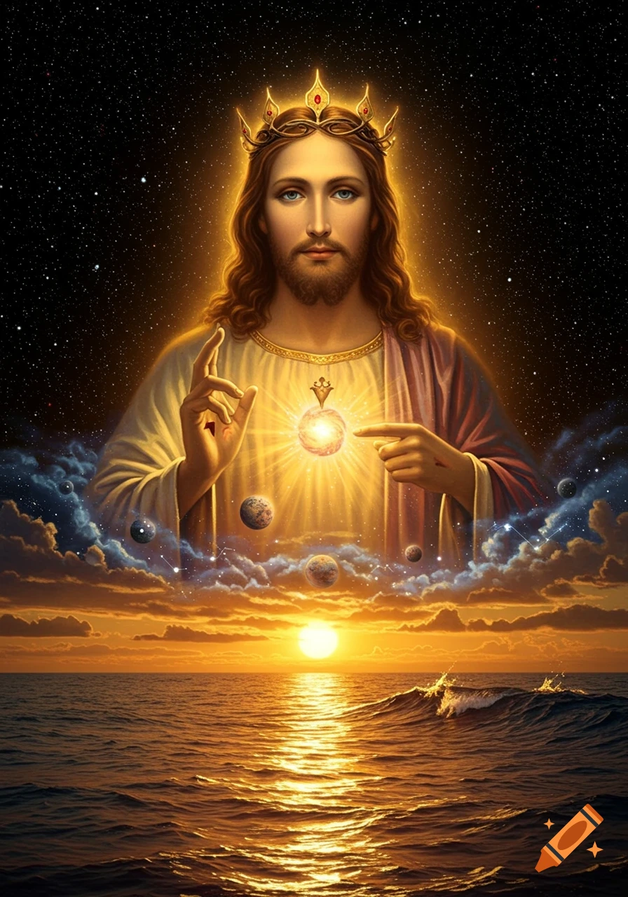 Surreal portrait of crowned Jesus glowing, creating stars and planets above a golden sunset over the ocean.