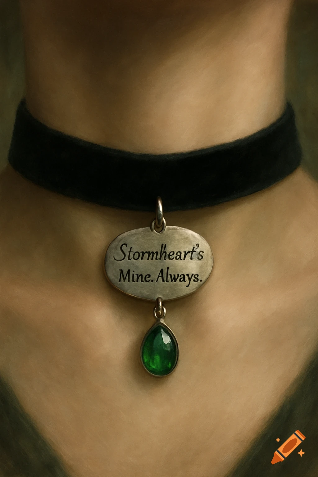 Close-up of a black velvet choker with a silver oval pendant engraved 'Stormheart's Mine. Always.' and a green emerald, on a person's neck.