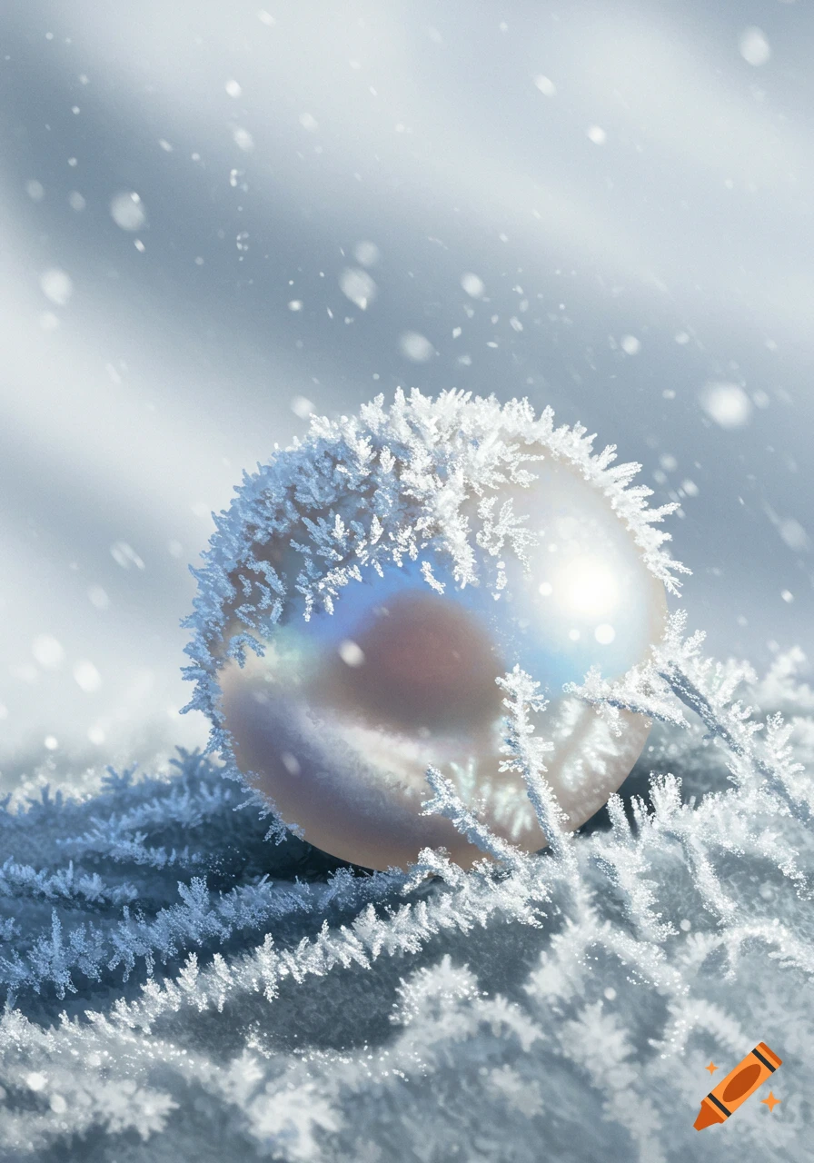 A close-up of a pearl covered in delicate white frost crystals, with light falling snow and soft background lighting.