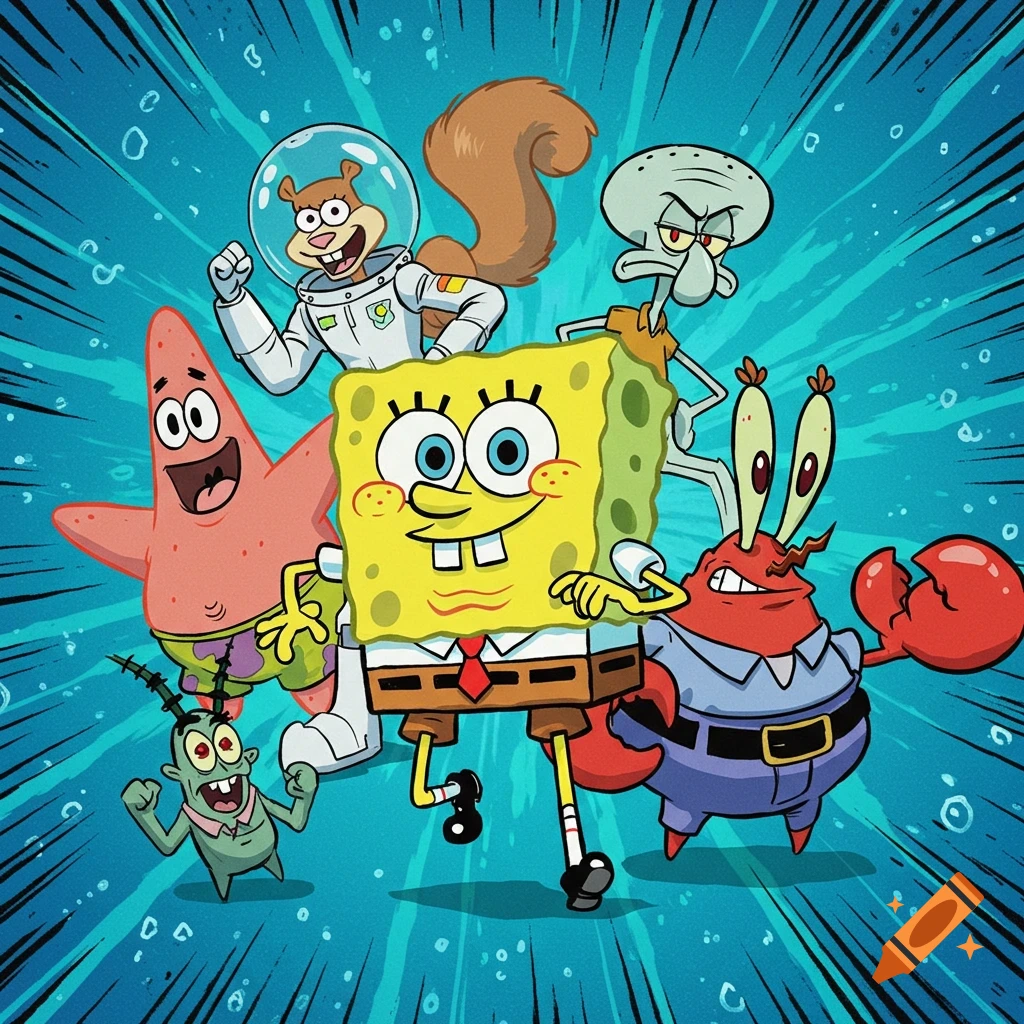 SpongeBob, Patrick, Sandy, Squidward, Mr. Krabs, and Plankton depicted in a dynamic Studio Trigger anime style group shot.