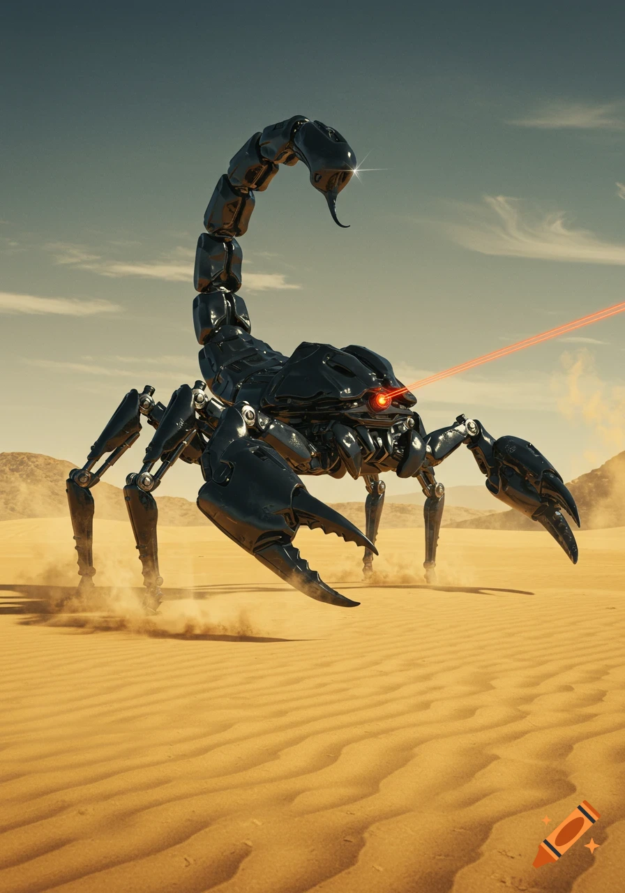 A black robotic scorpion with glowing red eyes stands in a desert, emitting a red laser beam.