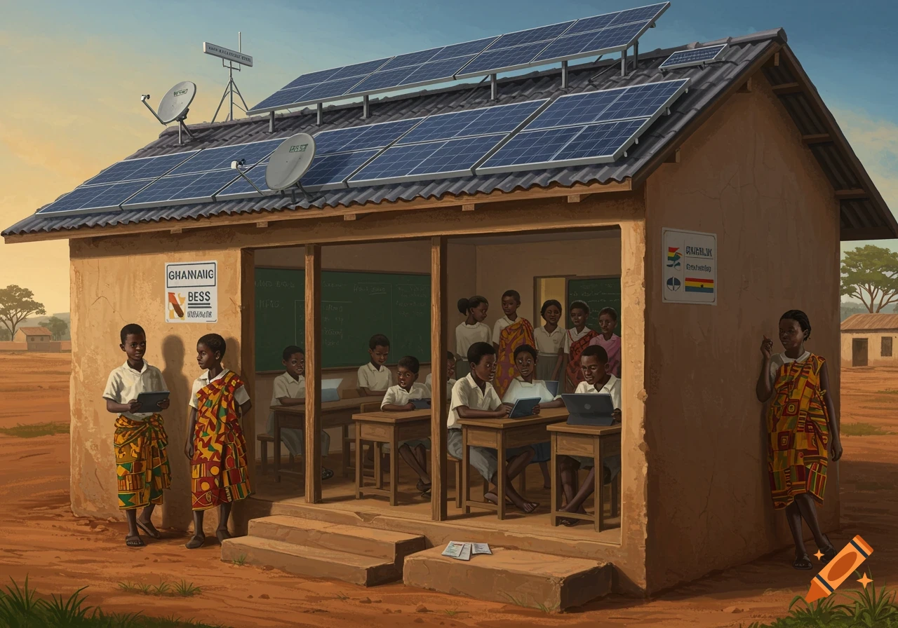 An illustration of a school building in Ghana with solar panels and satellite dishes. Children are inside a classroom using laptops and tablets, while others stand outside.
