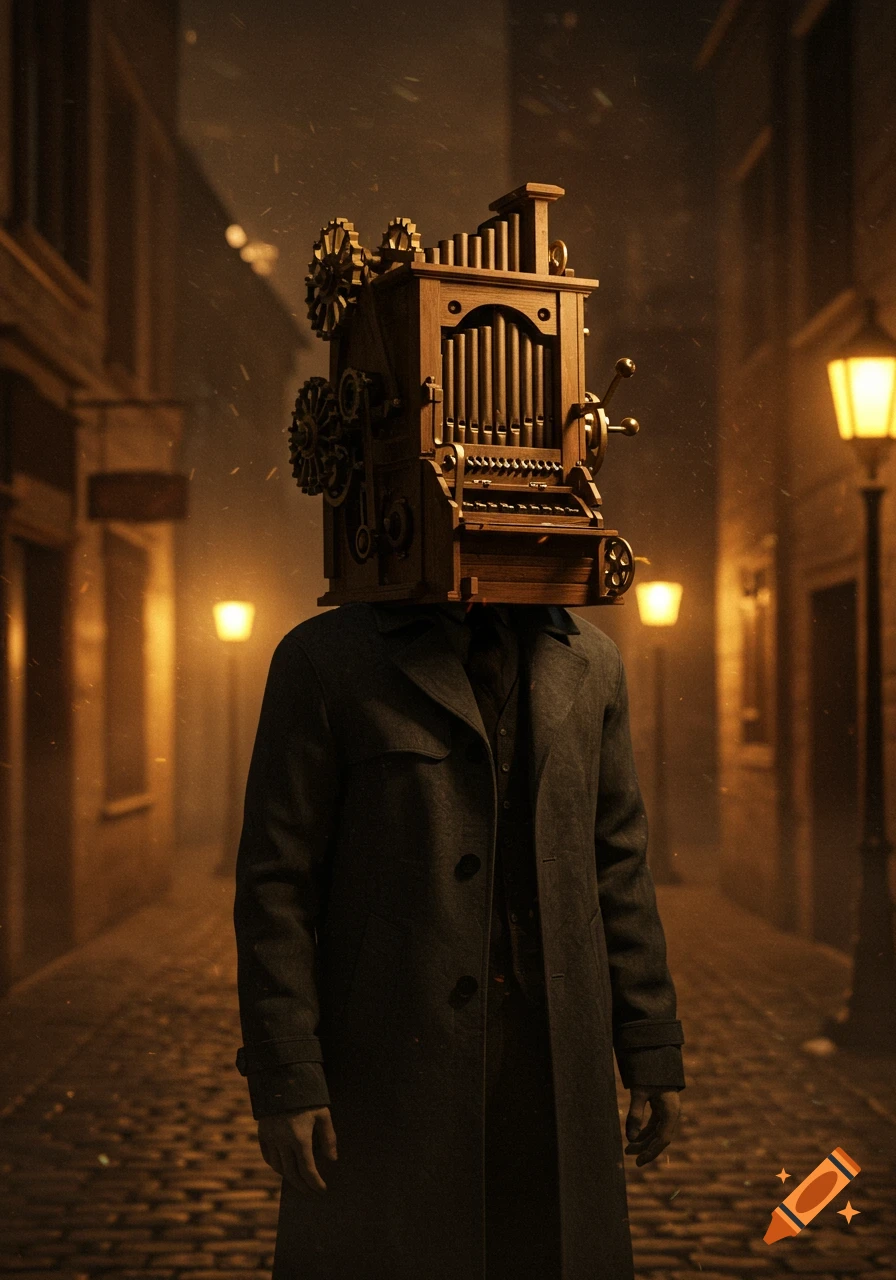 A humanoid figure in a trench coat with a barrel organ as a head stands in a dark, misty alley lit by streetlights. Photorealistic.