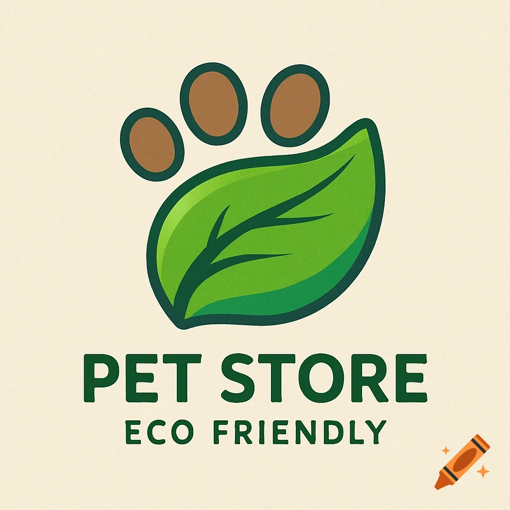 A green leaf logo shaped like a paw print with three brown toes, with the text 'PET STORE ECO FRIENDLY' below it on a light background.