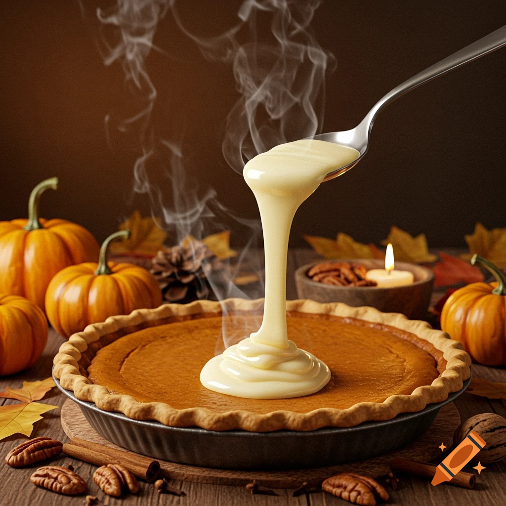 A steamy pumpkin pie with white chocolate fondue being poured over it, surrounded by pumpkins and autumn leaves.