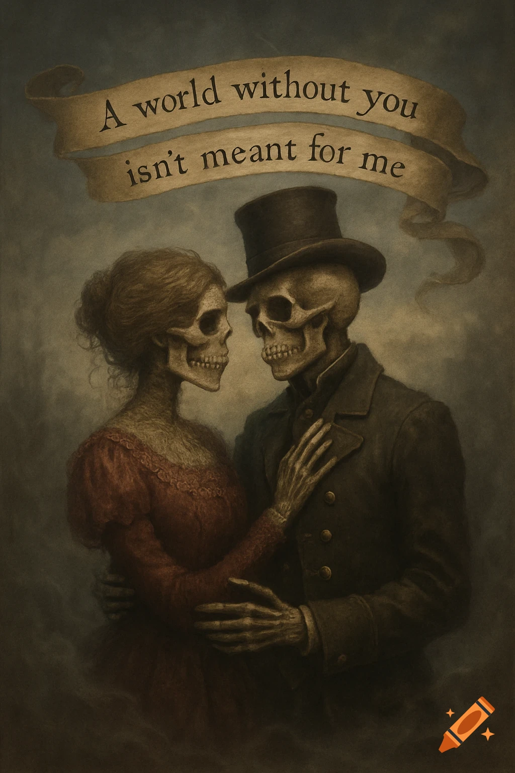 A romantic, dark art painting of two skeletons in Victorian clothing embracing, with a banner above them reading 'A world without you isn't meant for me.'