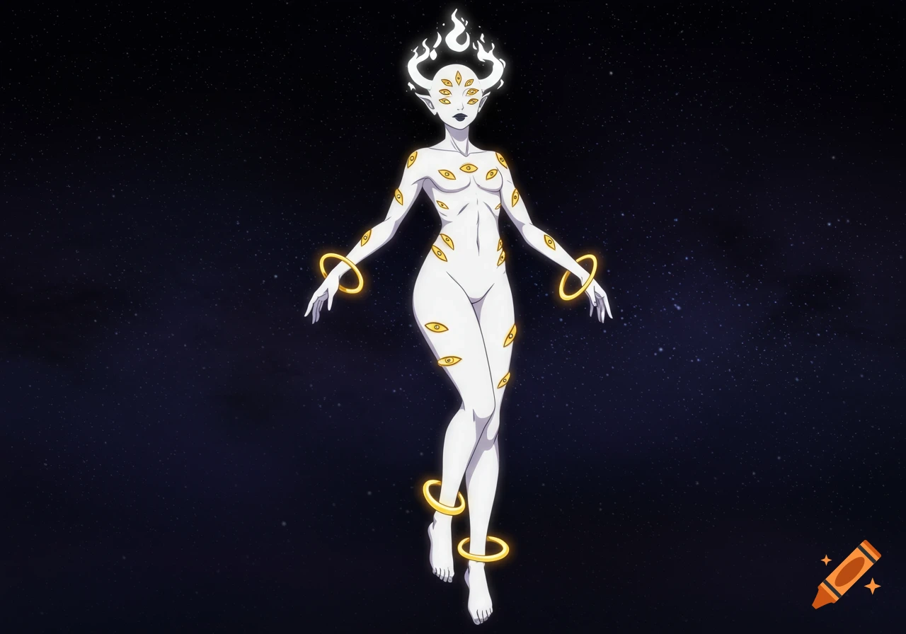 An anime-style humanoid figure with white skin, multiple golden eyes, white fire around its head, and golden rings, levitating against a starry space background.