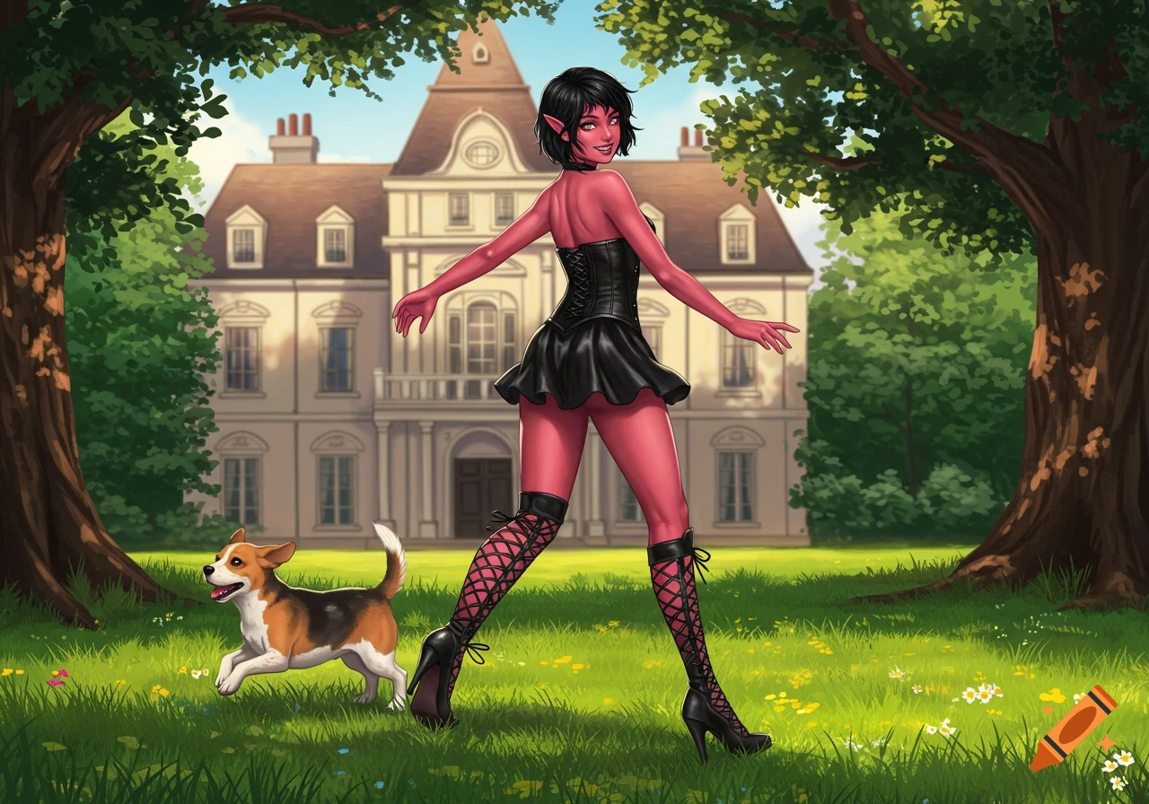 A red-skinned female elf in a black dress runs playfully on a grassy lawn with a beagle in front of a large manor. Digital painting.