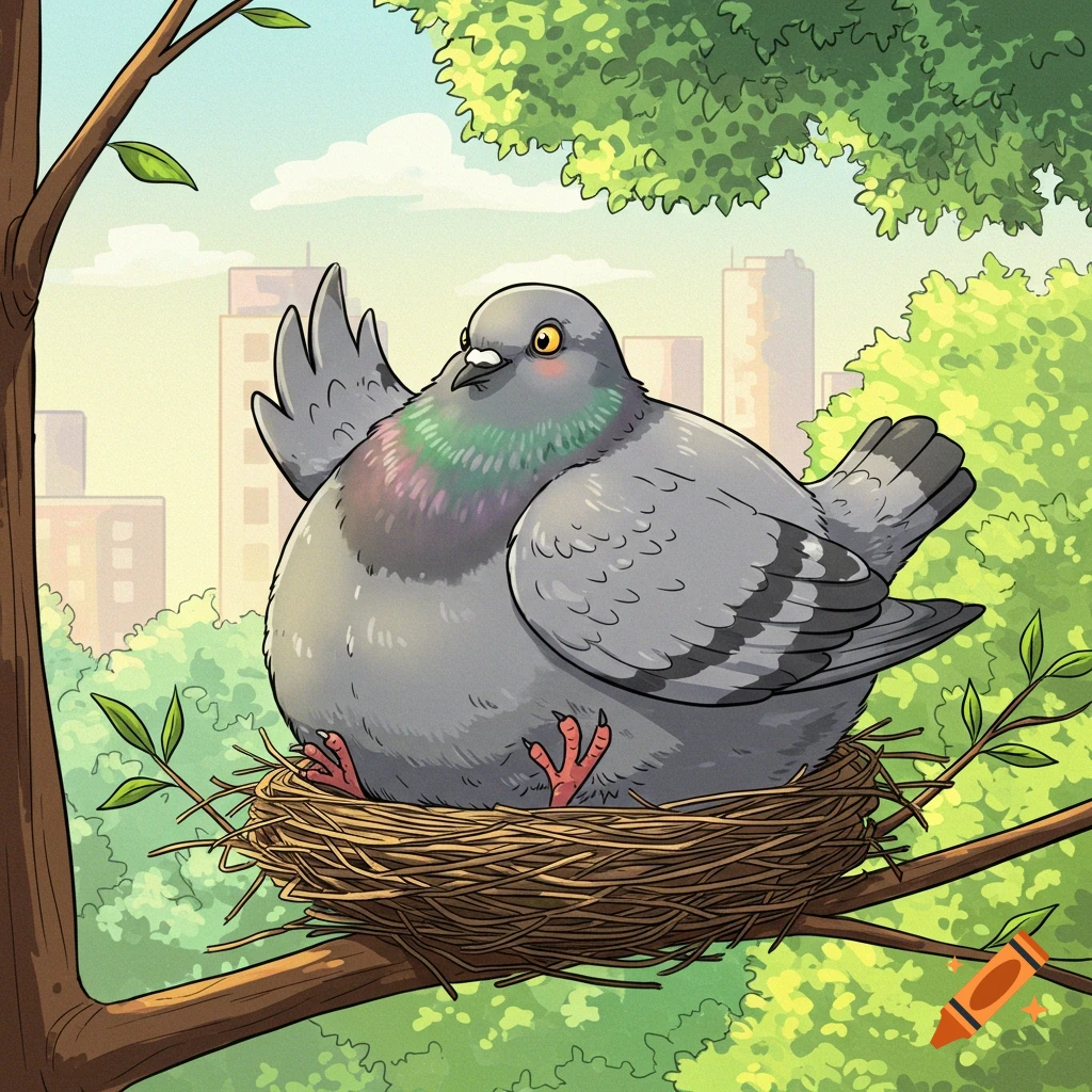 A cartoon of a fat pigeon in a nest on a tree branch, waving, with city buildings in the background.