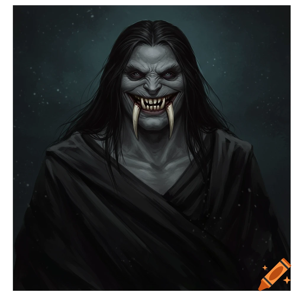 A monstrous man with long dark hair, gray skin, and large fangs smiles menacingly.