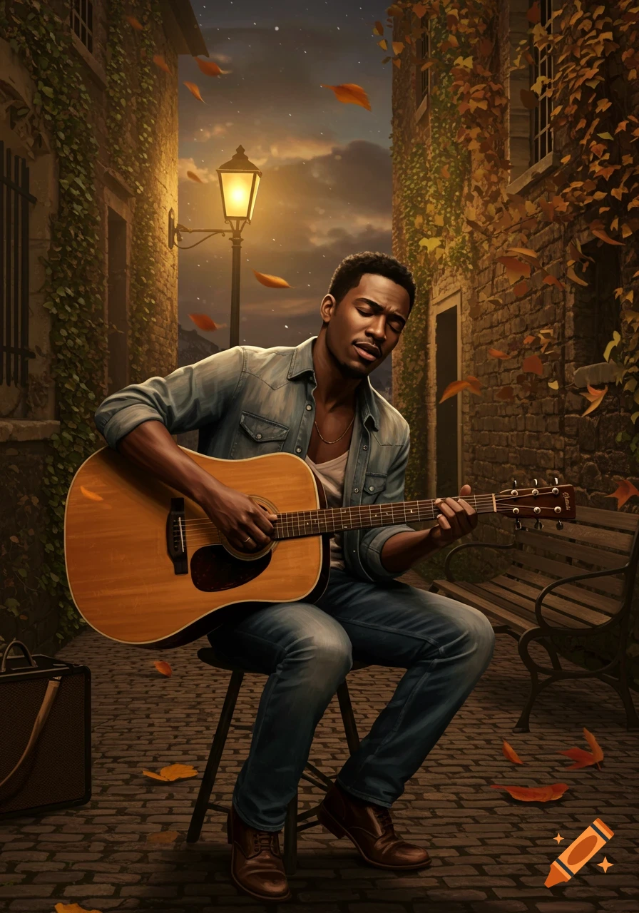 A Black man plays an acoustic guitar in an atmospheric alleyway at dusk, illuminated by a street lamp, with autumn leaves falling.