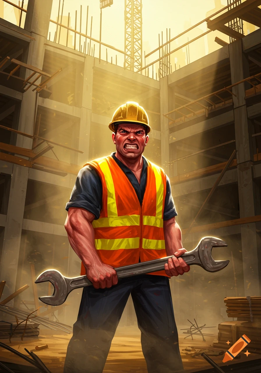 An angry construction worker in a hard hat and safety vest holds a large wrench at a construction site.