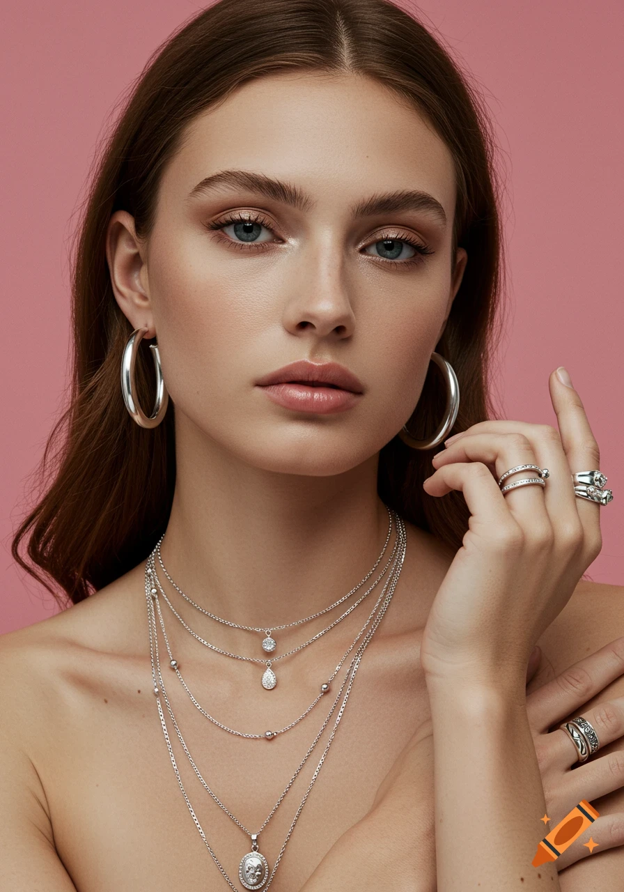 Close-up of a young woman with brown hair, wearing layered silver necklaces, hoop earrings, and rings against a pink background.