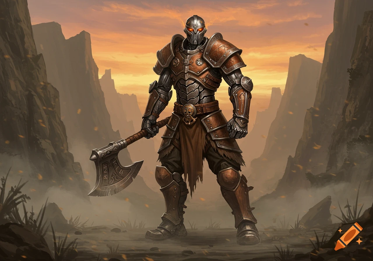 A heavily armored warforged warrior with glowing red eyes stands in a misty valley holding a large axe under an orange sky.