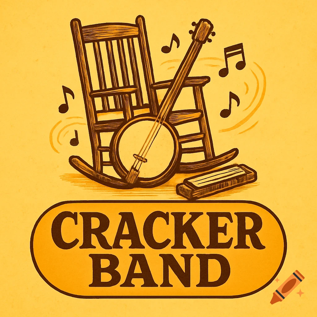 A stylized illustration of a rocking chair, a banjo, a harmonica, and musical notes above the text 'CRACKER BAND' on a yellow background.