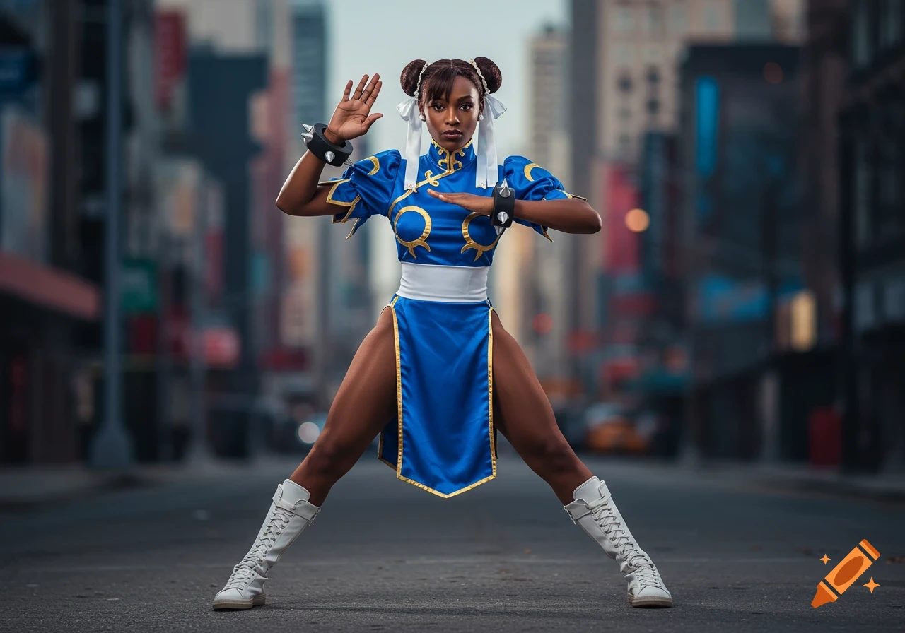 A photorealistic image of an African American woman cosplaying as Chun Li in a city street, striking a fighting pose.