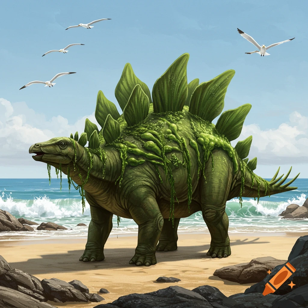 A green Stegosaurus covered in seaweed stands on a sandy beach with the ocean behind it, and seagulls flying in the blue sky.