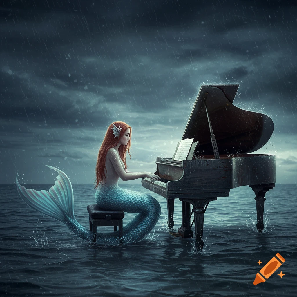 A red-haired mermaid plays a grand piano in the choppy ocean water under a dark, rainy sky.