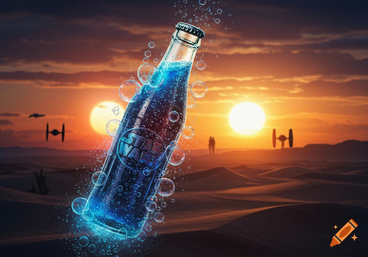 A blue soda bottle with "STAR WARS" text floats amidst bubbles in a desert with twin suns setting and TIE fighters.