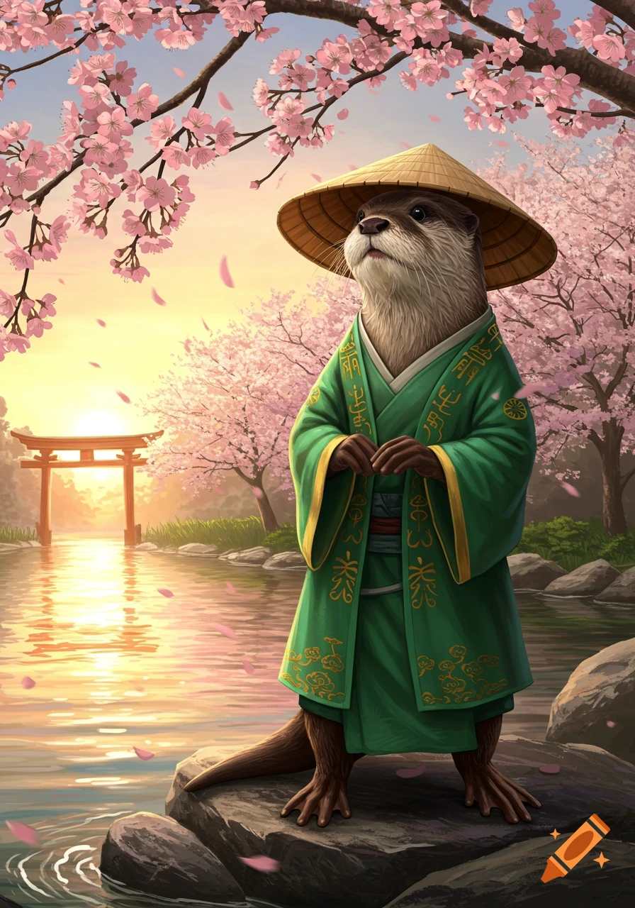 An anthropomorphic otter in a green kimono and conical hat stands on rocks by a pond with cherry blossoms and a torii gate at sunset, in an illustrated style.