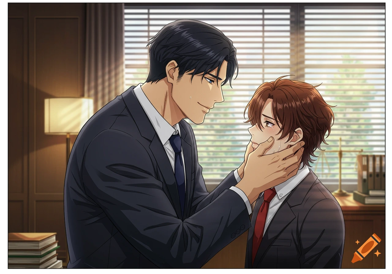 A tall anime man in a suit gently cups the face of a sad, shorter man in an office setting.