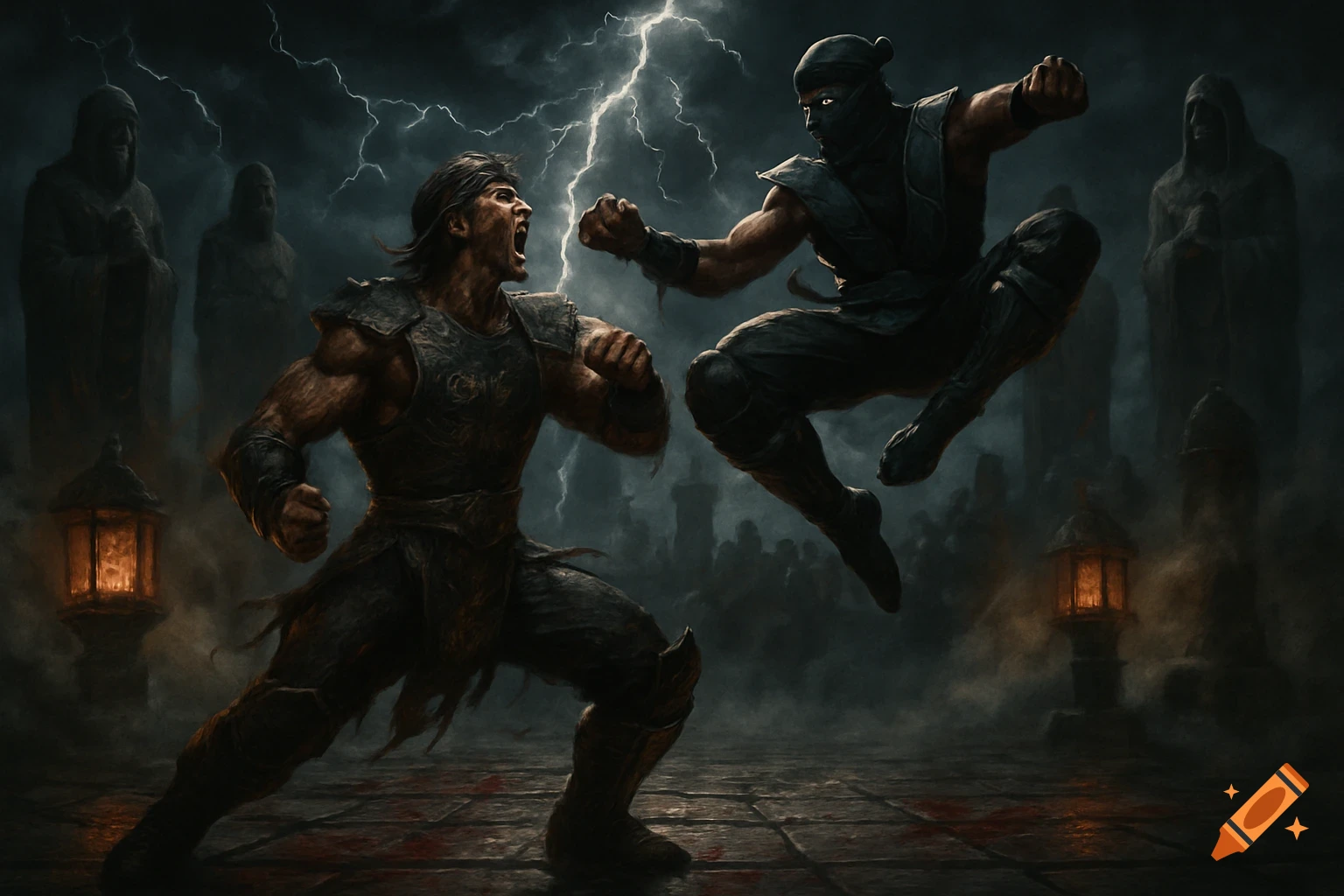 A roaring warrior in armor confronts a leaping ninja in a dark, stormy fantasy arena with lightning, statues, and lanterns.