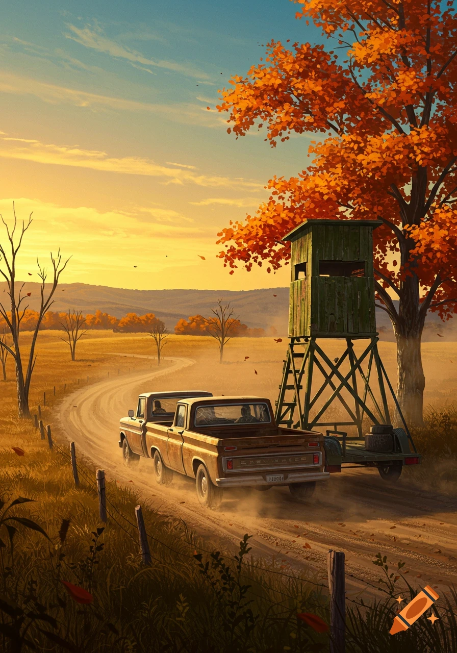 Two brown pickup trucks drive down a dirt road, pulling a hunting stand on a trailer, through a golden autumn landscape at sunset.