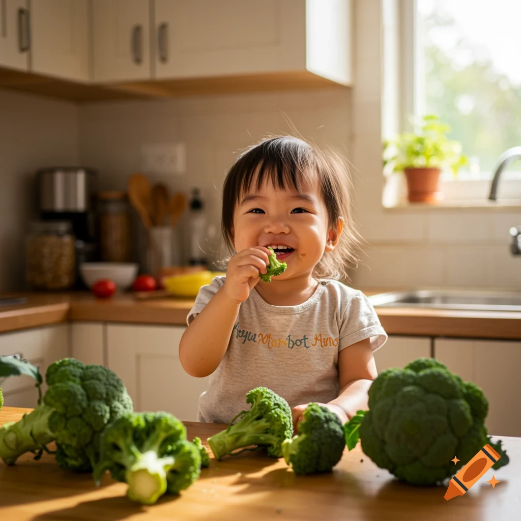 Photorealistic image of a happy half-Chinese 1-year-old girl eating broccoli in a kitchen, surrounded by more broccoli.