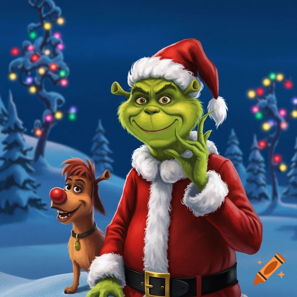Cartoon of a green, Grinch-Shrek hybrid in a Santa suit, with a red-nosed dog resembling Max-Donkey, in a snowy Christmas landscape.