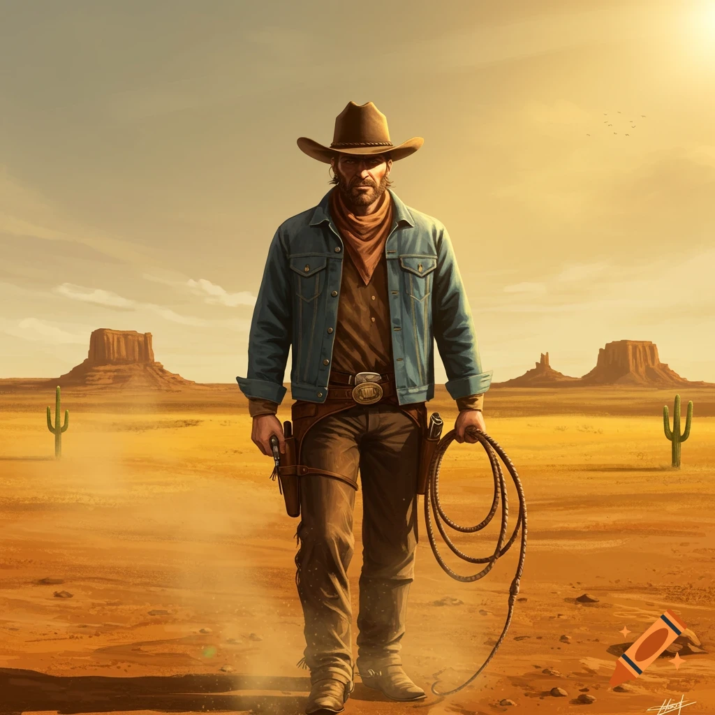 A rugged cowboy stands in a vast, arid desert landscape with mesas and cactuses under a bright sky, holding a whip.