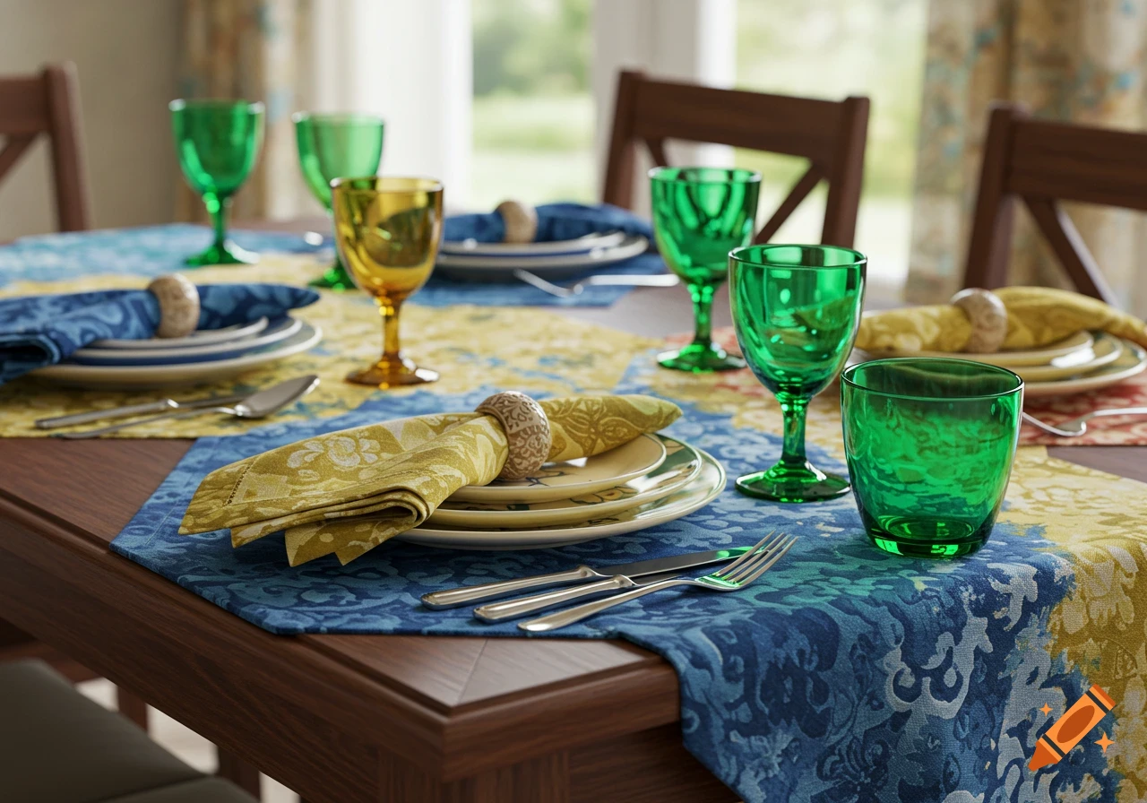 A photorealistic dining table set with blue and yellow patterned linens, white plates, silverware, green and amber glasses, and yellow napkins.