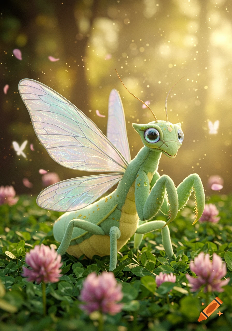 A cute, green, plushie-like fairy mantis with iridescent wings sits in a sunlit field of clover and pink flowers.