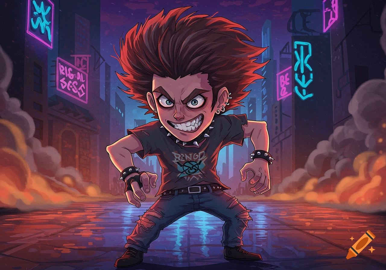 An angry, spiky-haired punk cartoon character with studded accessories stands aggressively in a neon-lit city street at night.