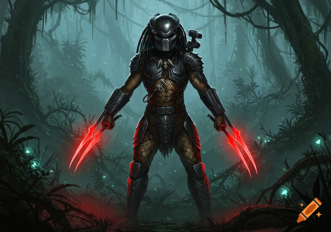 The Predator stands in a jungle with glowing red energy blades attached to its arms.