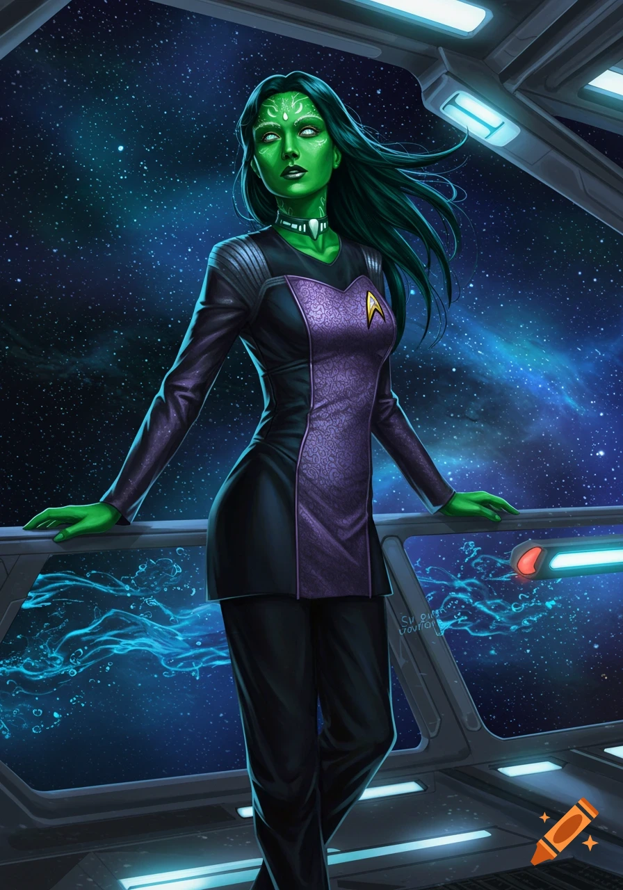 An illustration of a green-skinned Star Trek Orion woman in a uniform on a spaceship bridge, with a starry background.