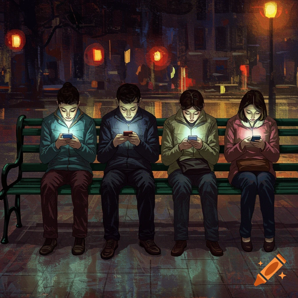 Four people sit on a bench at night, their faces illuminated by the glow of their cell phones, in an Egon Schiele-inspired painting style.