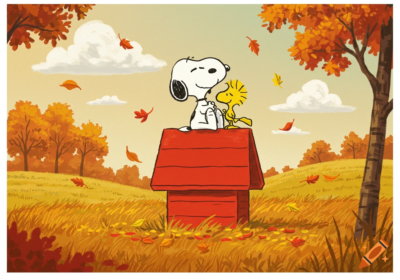 Snoopy and Woodstock hugging on top of a red doghouse in a cartoon autumn landscape with falling leaves.