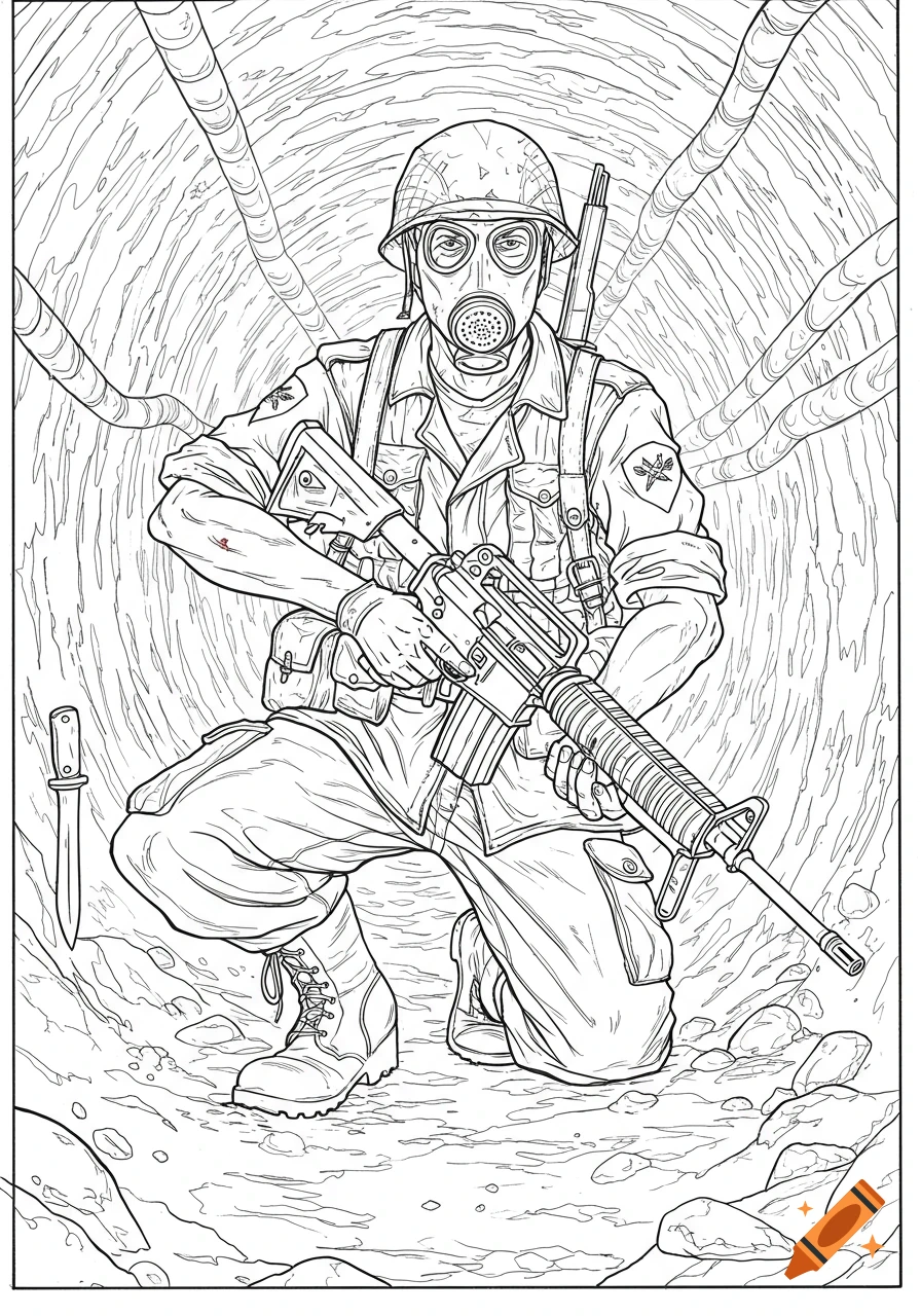 A line art drawing of a soldier wearing a gas mask and helmet, crouching with an M16 rifle in a tunnel, a knife stuck in the ground beside him, in a coloring book style.