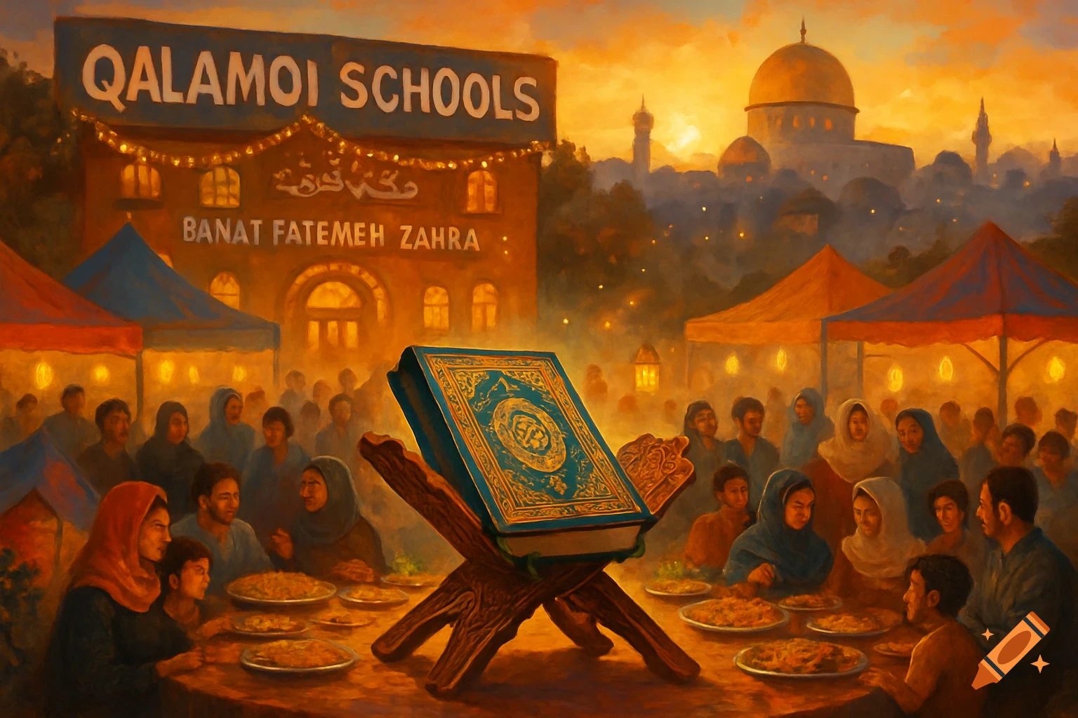 A painting of a vibrant night festival scene with a large, ornate Quran on a wooden stand as the central focus. People gather around tables, eating under tents, with a building labeled "QALAMOI SCHOOLS" and "BANAT FATEMEH ZAHRA" in the background. A mosque with a golden dome is visible on the horizon under an orange sky.