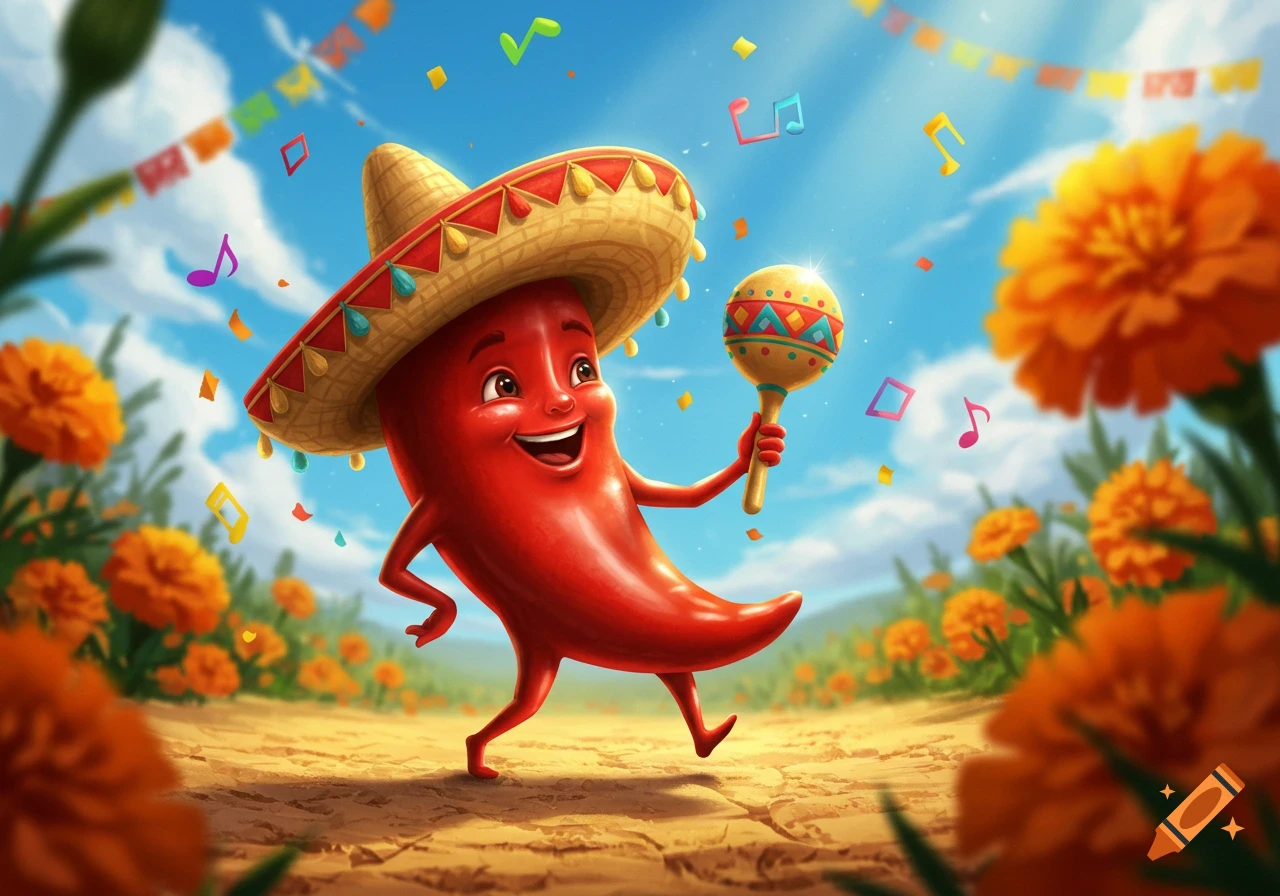 A happy red chili pepper character wearing a sombrero and holding a maraca walks on a path surrounded by orange marigold flowers under a sunny sky.