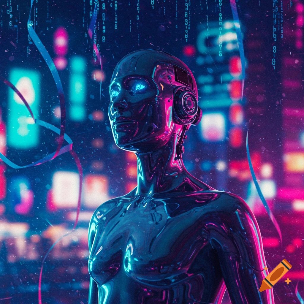 A metallic, humanoid robot with glowing blue eyes in a cyberpunk city, illuminated by neon pink and blue lights with falling binary code.