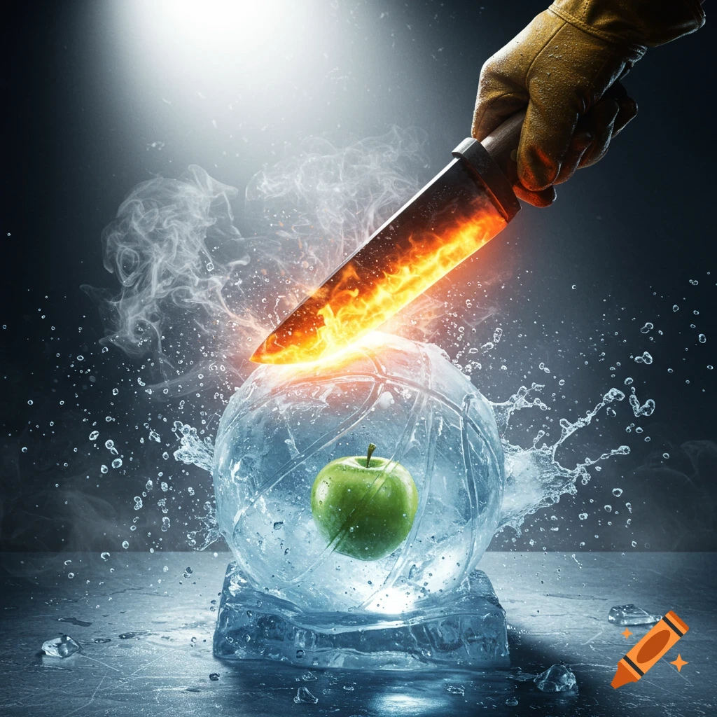 A gloved hand holds a flaming hot knife, cutting into an ice sculpture of a basketball with a green apple inside, causing steam and water to splash.