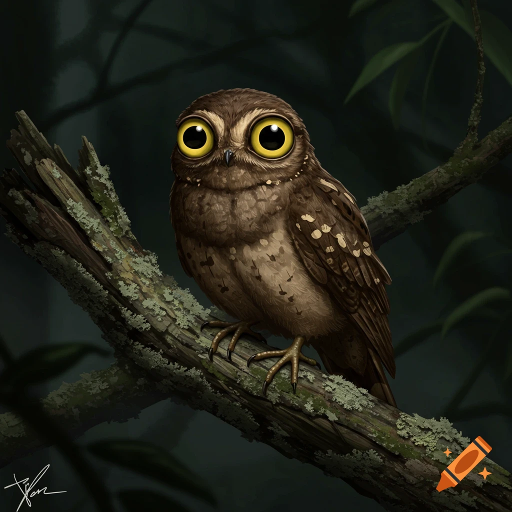 A brown owl with huge yellow eyes sits on a mossy tree branch in a dark, stylized forest.