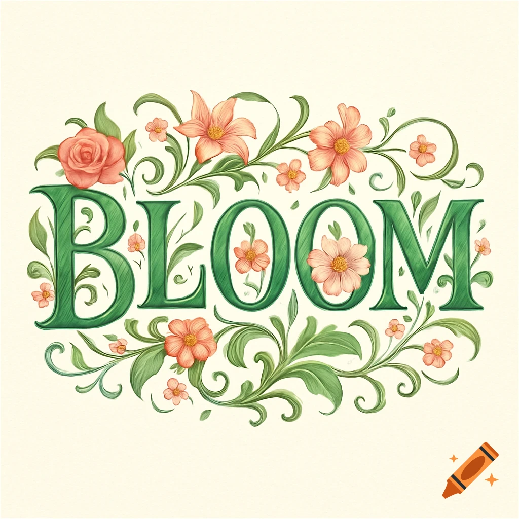 Decorative illustration of the word 'BLOOM' in green letters with orange and pink flowers and green foliage.
