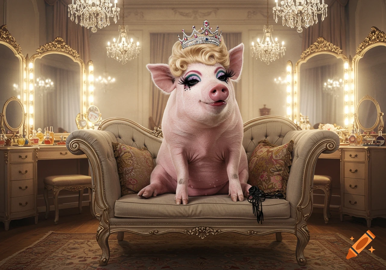 A photorealistic pig with a blonde wig, sparkly crown, and heavy makeup sits on a fancy chaise lounge in a luxurious dressing room.