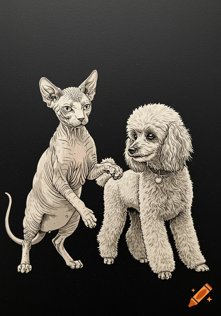 An engraving-style illustration of a Sphynx cat with its paw raised, interacting with a white French poodle, both on a black background.