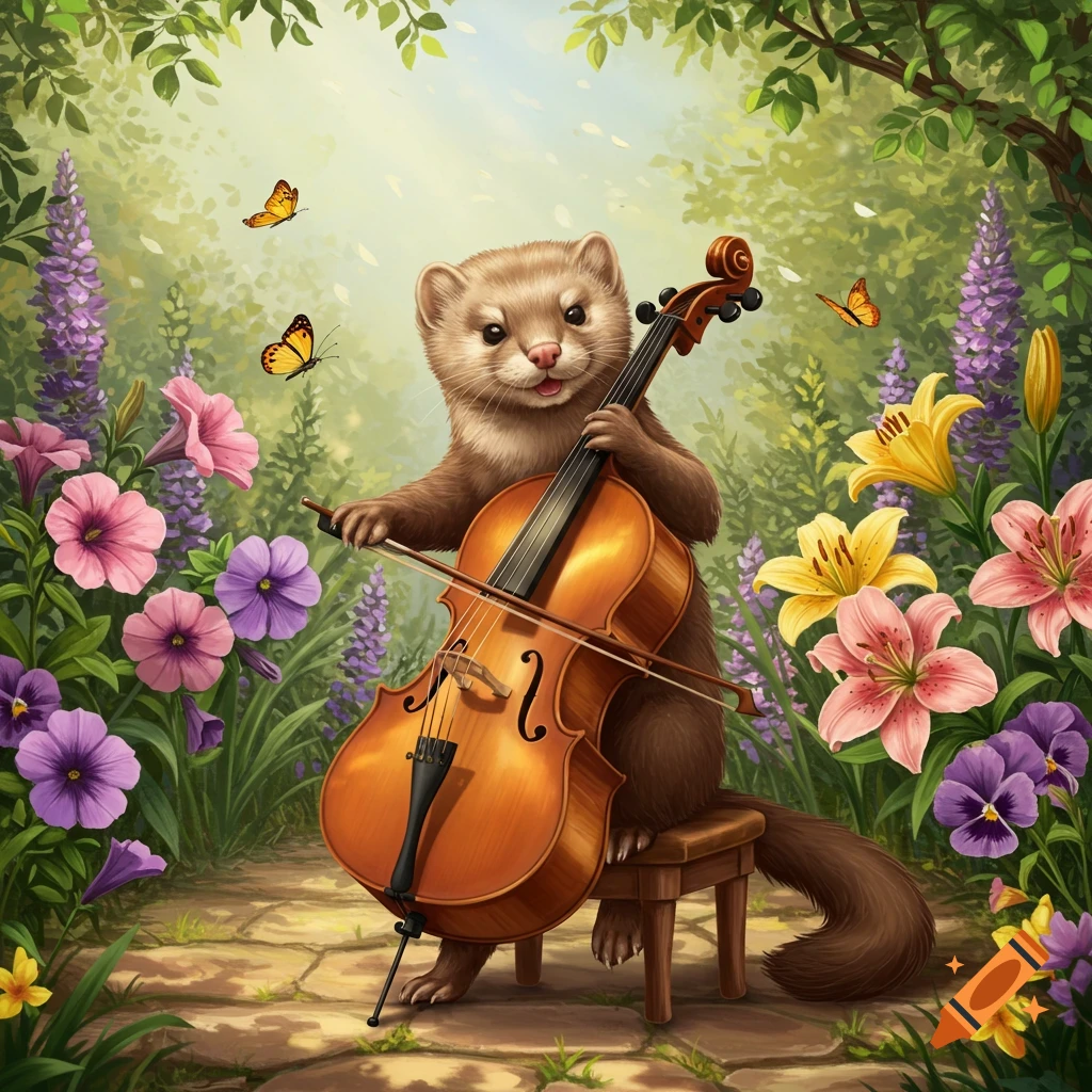 A cute brown mink plays a cello in a lush, colorful garden with various flowers and butterflies.