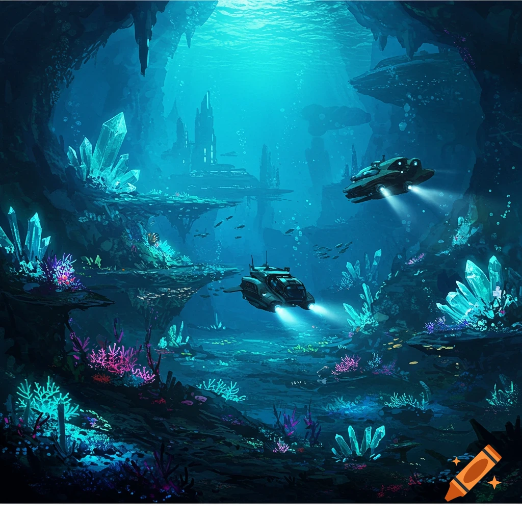 Two futuristic submersibles explore a vibrant underwater cave with glowing crystals and a distant city.